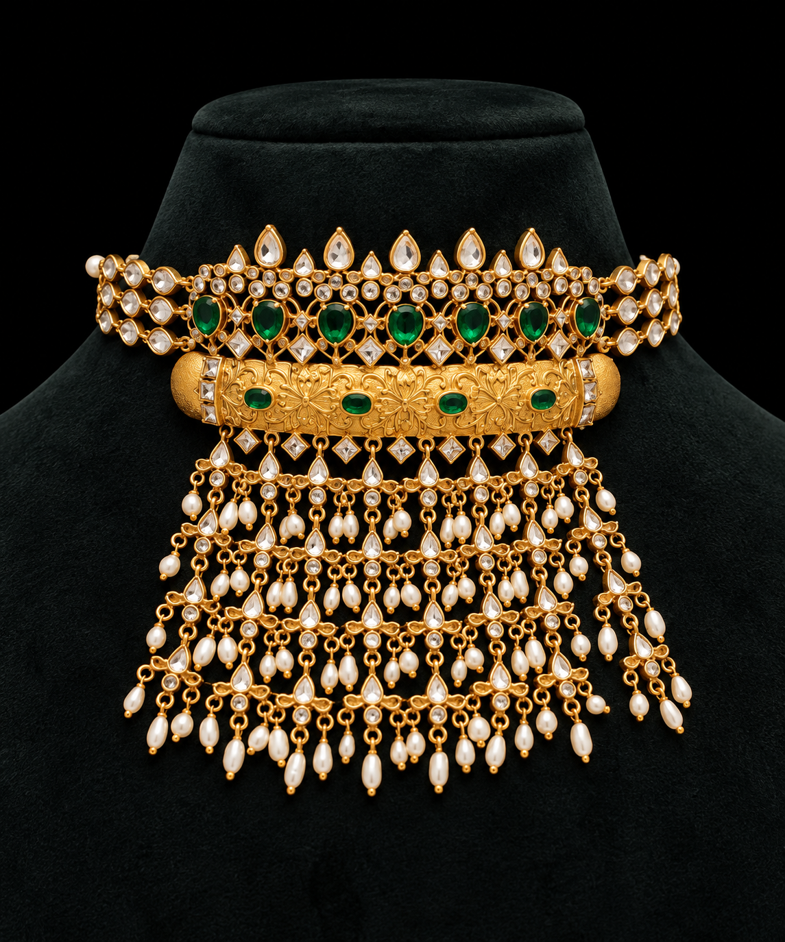 Maharani – gold-tone silver necklace with pearls and emeralds – My Motifs