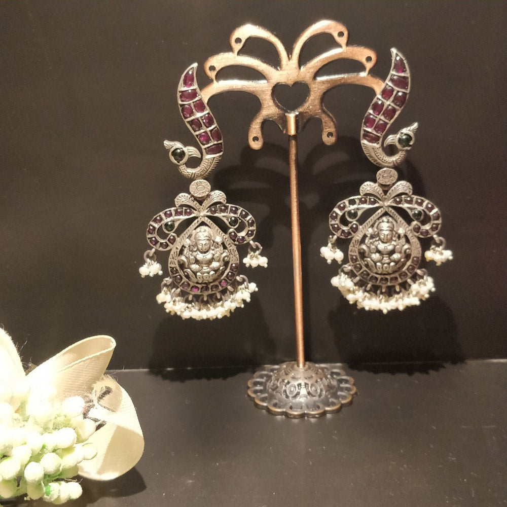 Laxmi Ji Pearl Earrings – handcrafted oxidised 92.5 sterling silver earrings by My Motifs