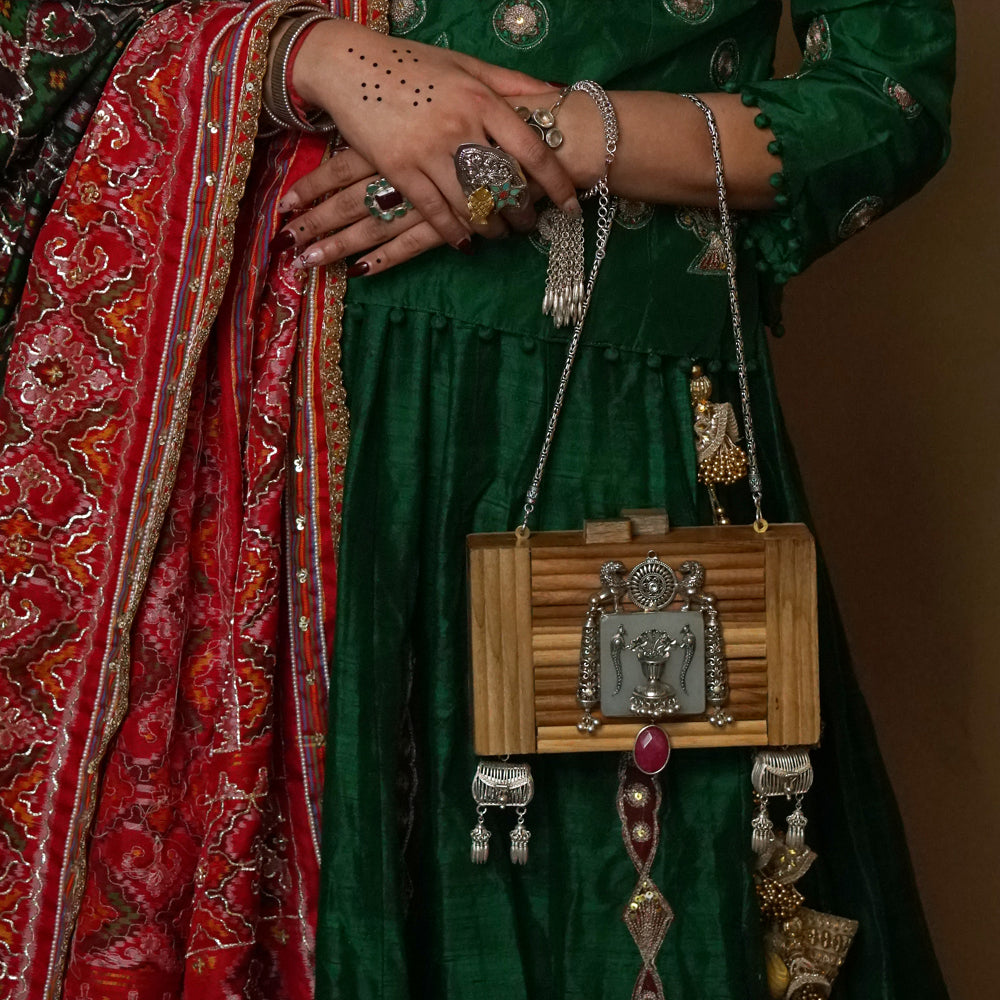 Anvay – handcrafted wooden clutch with silver work and emerald by My Motifs