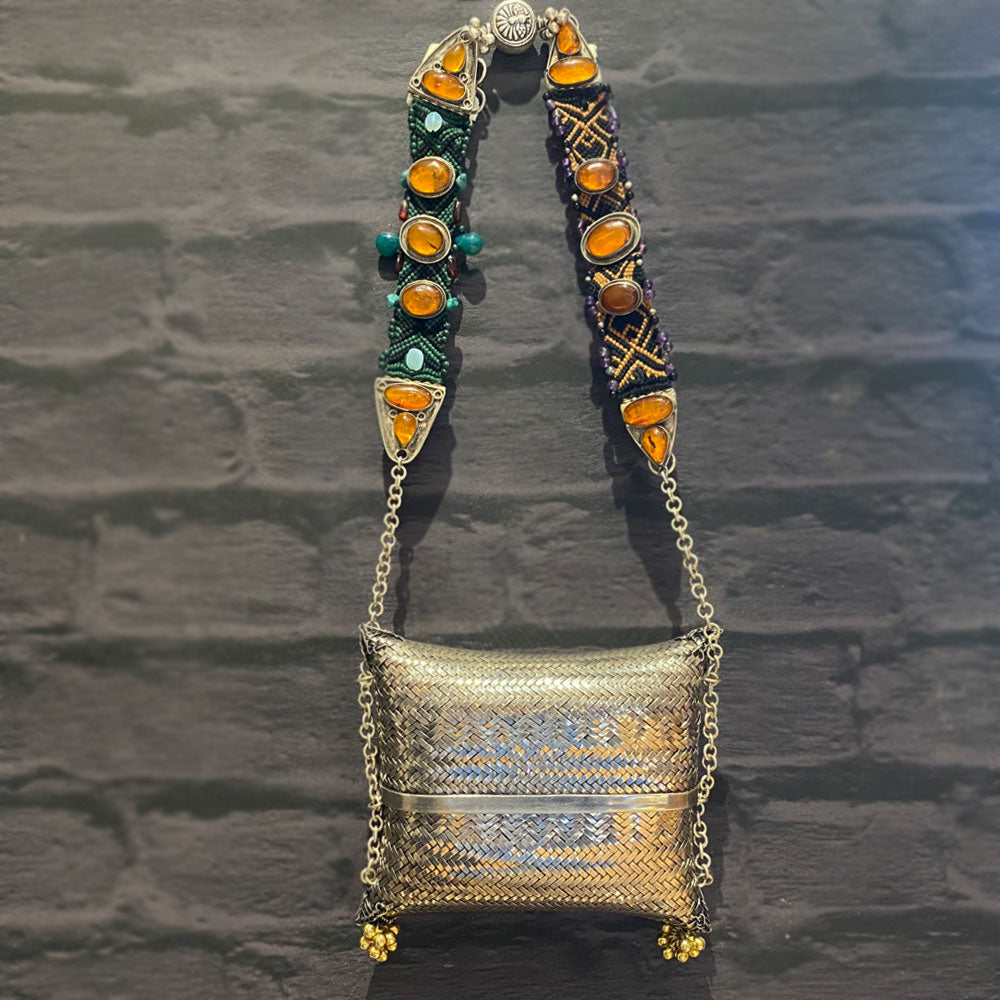Silver Purse With Beaded Strap – handcrafted 92.5 sterling silver purse by My Motifs