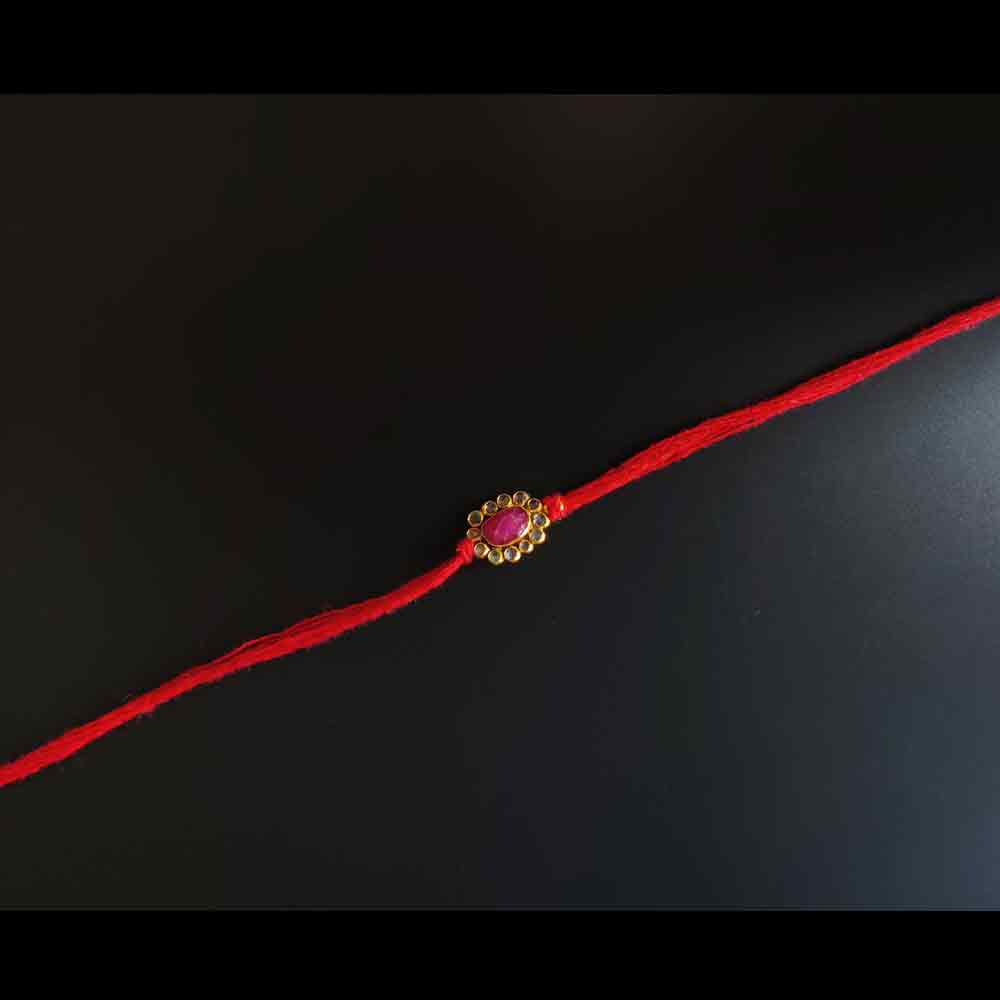 Pink Stone Rakhi With Red Thread – handcrafted 92.5 sterling silver rakhi by My Motifs