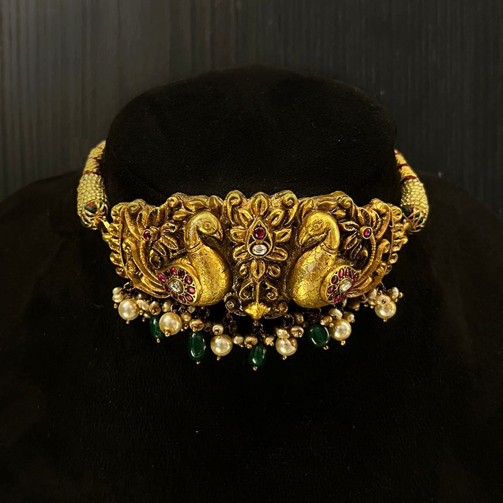 Aarya – gold-tone silver choker necklace with peacock motifs and ghungroo details – My Motifs