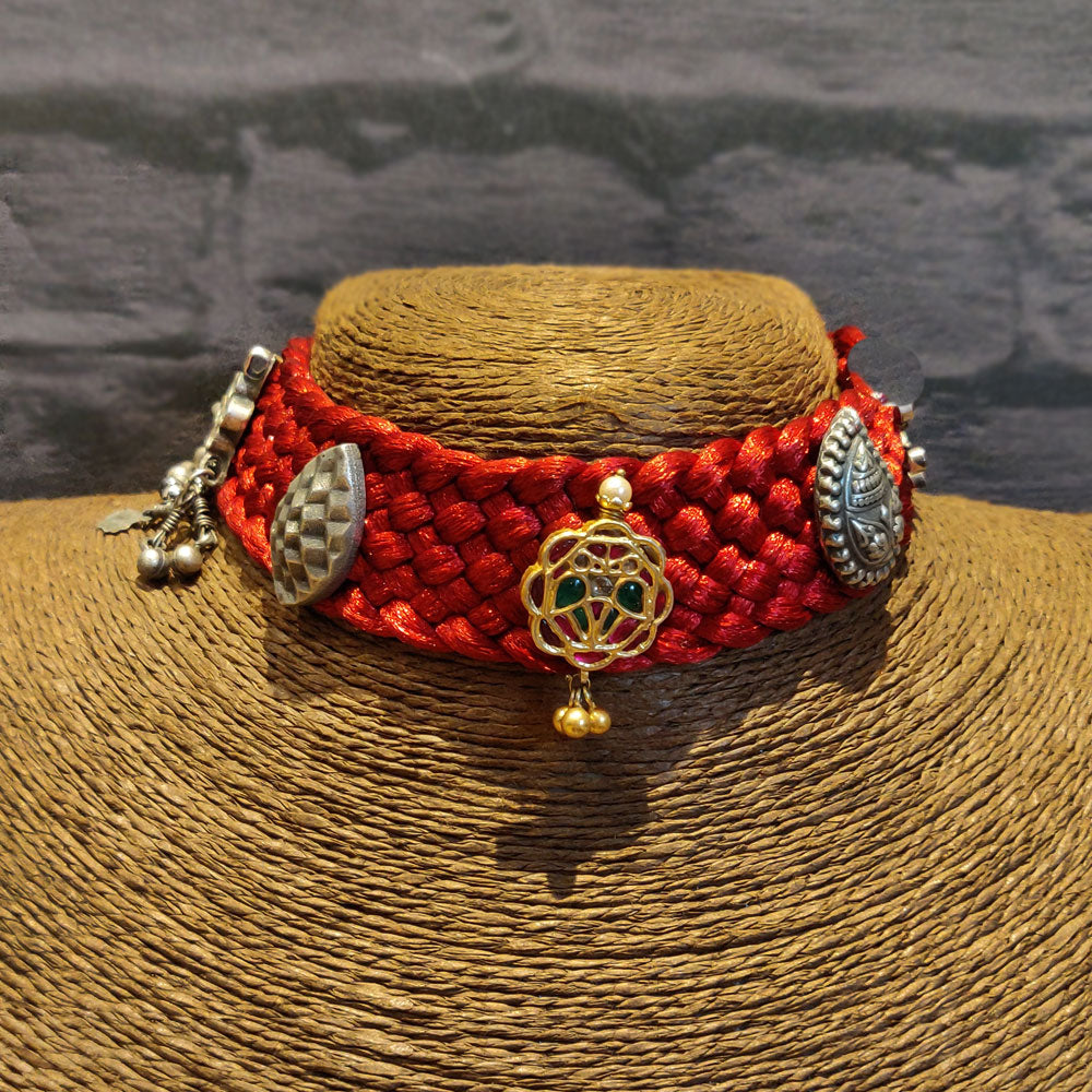 Red Necklace With Dual Tone – handcrafted dual-tone 92.5 sterling silver necklace by My Motifs
