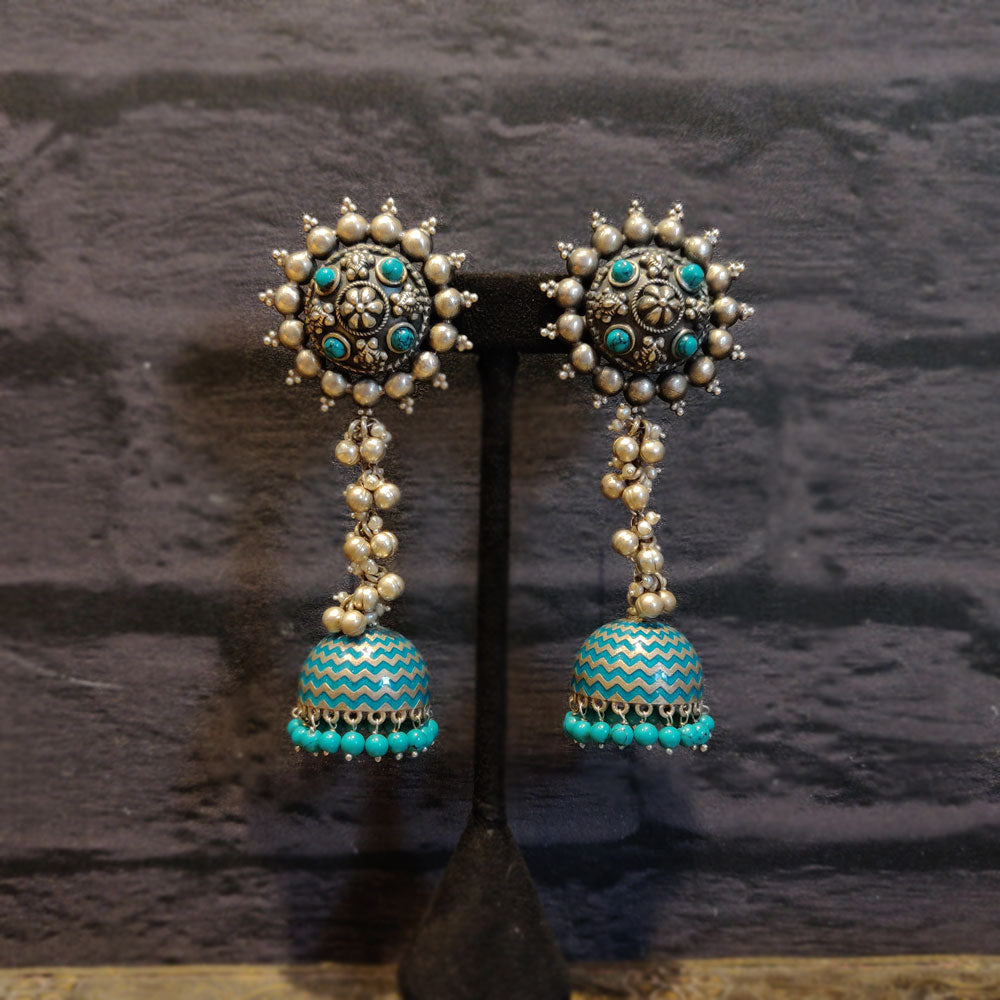 Blue And Pearl Jhumka Earrings – handcrafted 92.5 sterling silver earrings by My Motifs