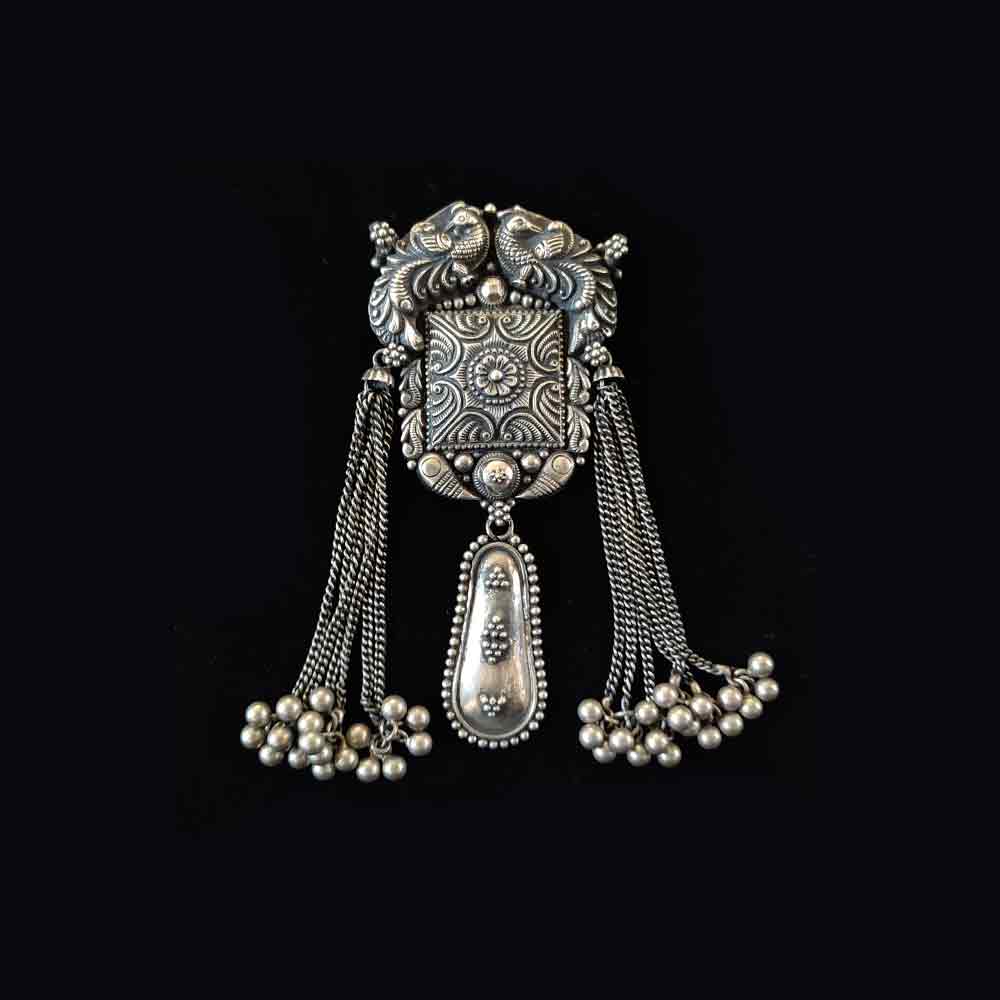 Ancient Peacock Carving Pendant With Ghungroos – handcrafted 92.5 sterling silver pendant by My Motifs