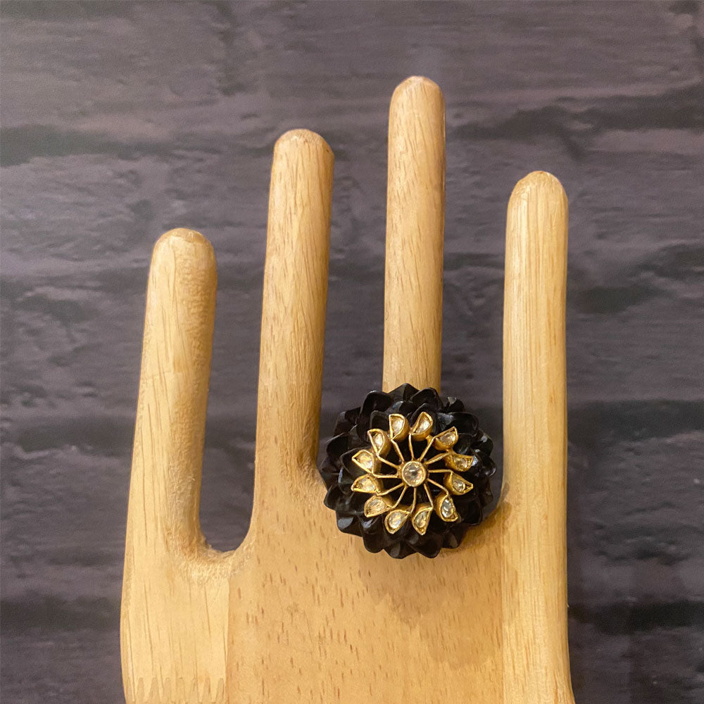 Wooden Engraved Ring – silver and carved wood kundan ring by My Motifs