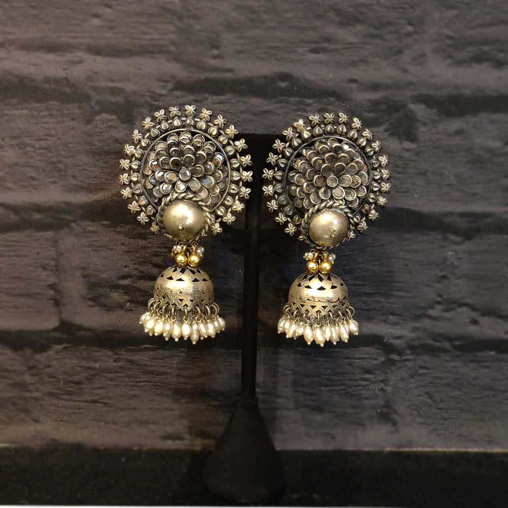 Bold Silver Jhumkas With Pearls – handcrafted 92.5 sterling silver earrings by My Motifs