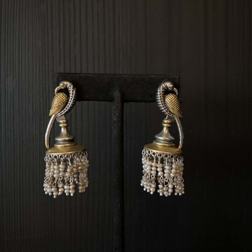 Adyaa – dual-tone silver jhumka earrings with freshwater pearls – My Motifs