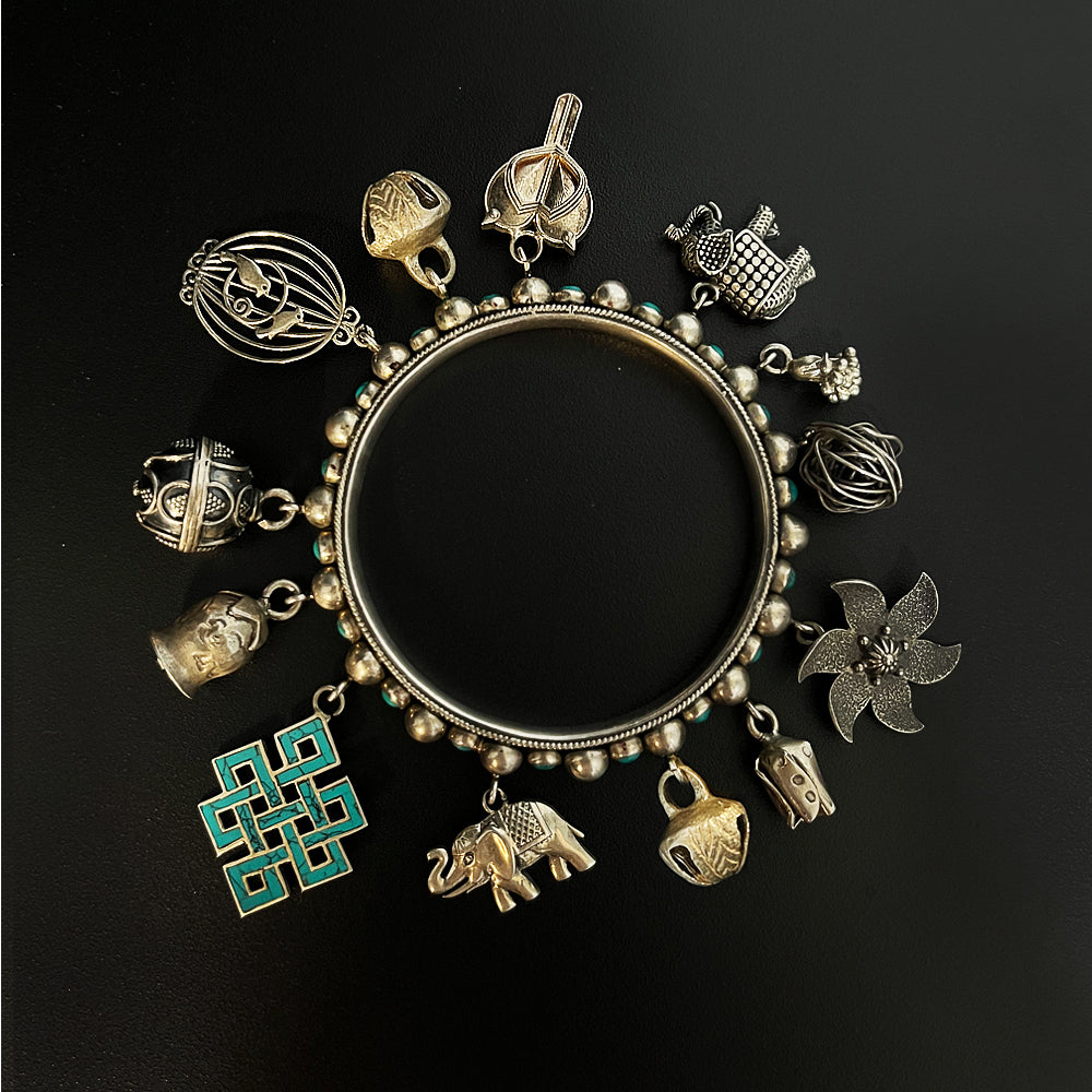 Turquoise Stone Charms Bangle – silver bangle with turquoise – My Motifs