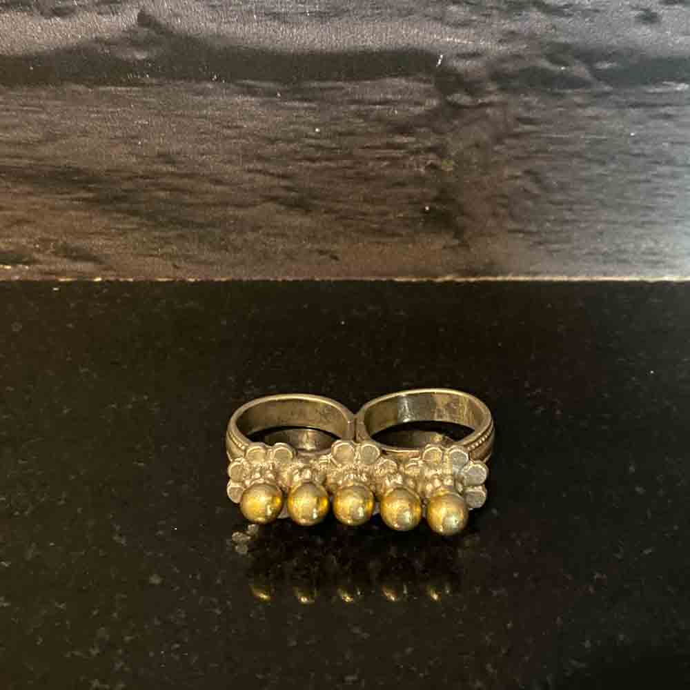 Double Finger Ring With Gold Beads – handcrafted 92.5 sterling silver ring by My Motifs
