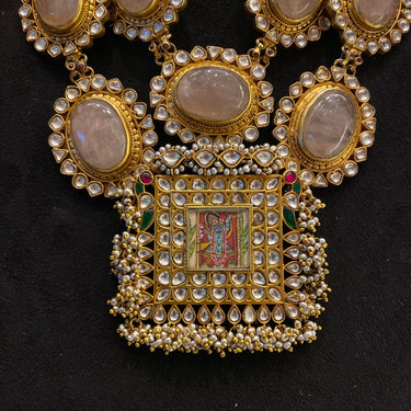 Yutav heirloom necklace showing Shrinathji painting and freshwater pearls
