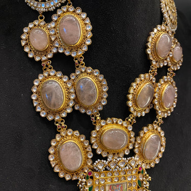 Close view of Yutav kundan pendant and rose-quartz mala