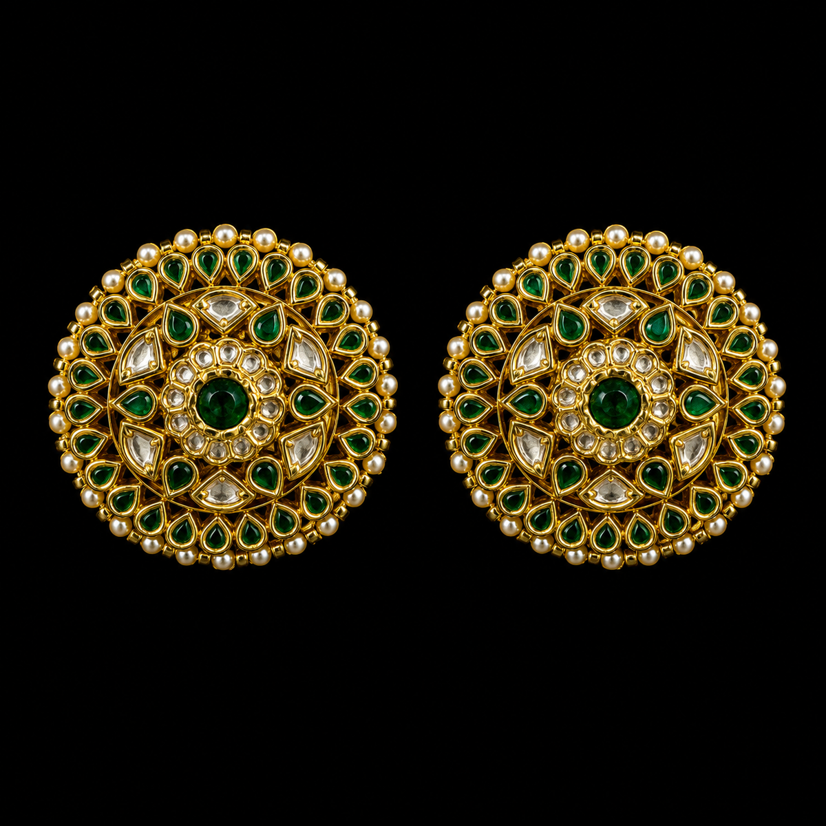 Emerald Kundan Stud Earrings – handcrafted gold-tone 92.5 sterling silver earrings by My Motifs