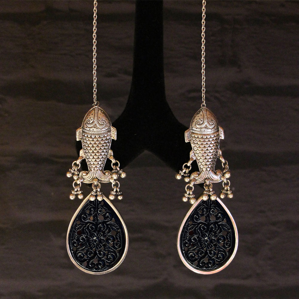 Natural Stone Fish Motif Earrings – handcrafted 92.5 sterling silver earrings by My Motifs
