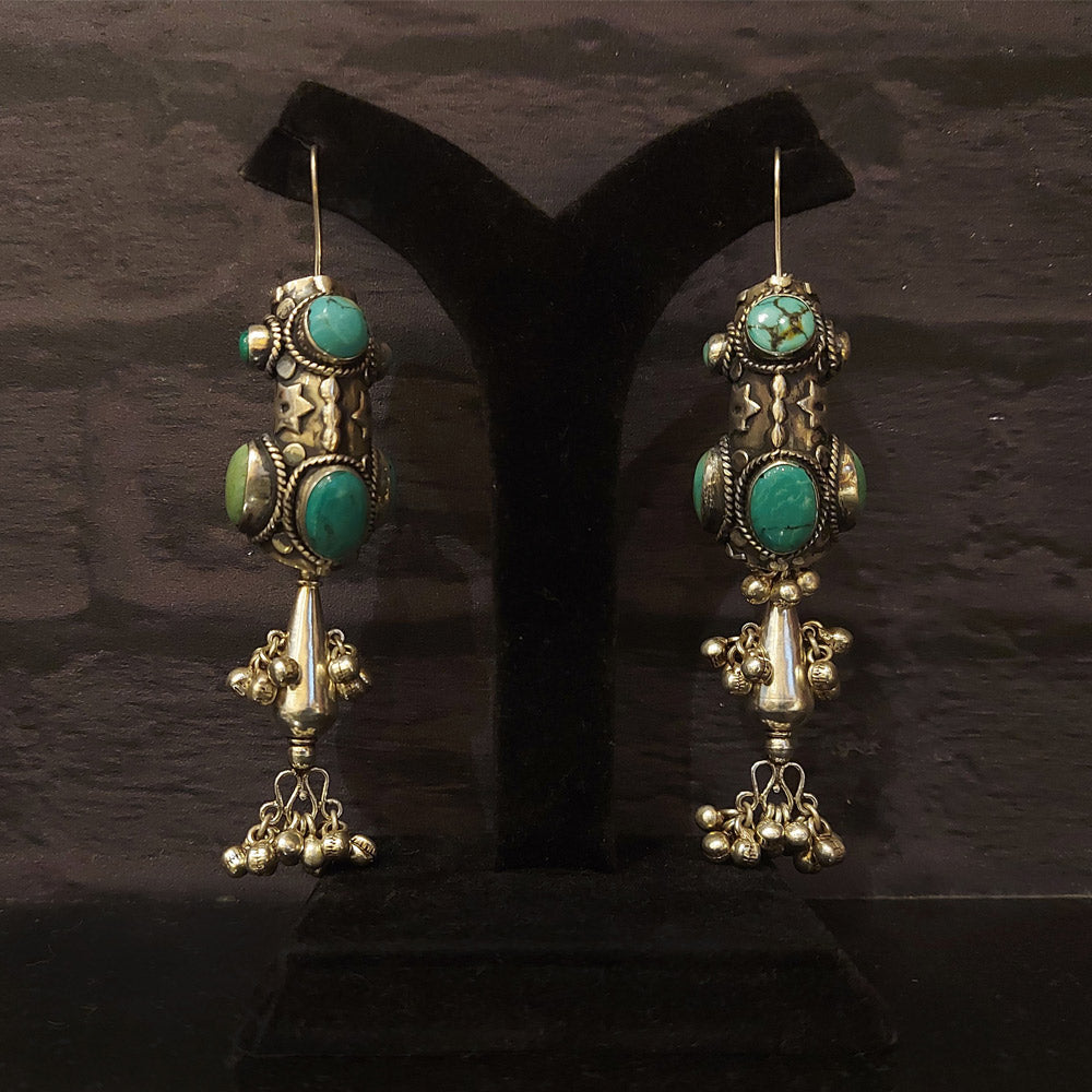 Turquoise Stone Ghungroo Earrings – handcrafted 92.5 sterling silver earrings by My Motifs