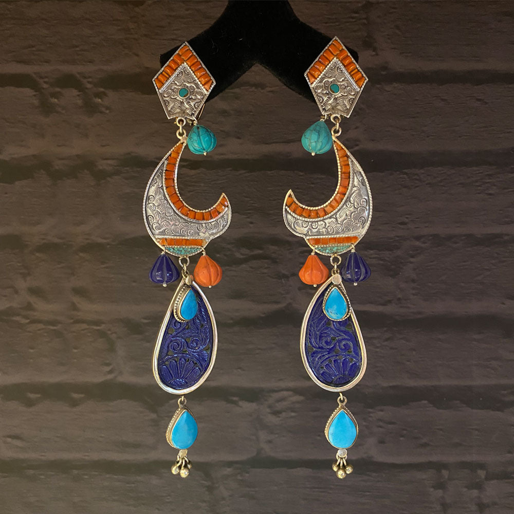 Natural Stone Long Earrings – handcrafted 92.5 sterling silver earrings by My Motifs