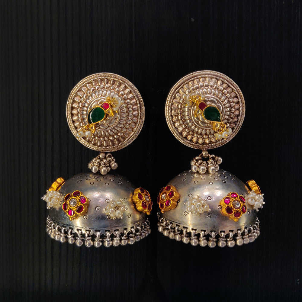 Silver Dual Tone Jhumkas – handcrafted dual-tone 92.5 sterling silver jhumkas by My Motifs