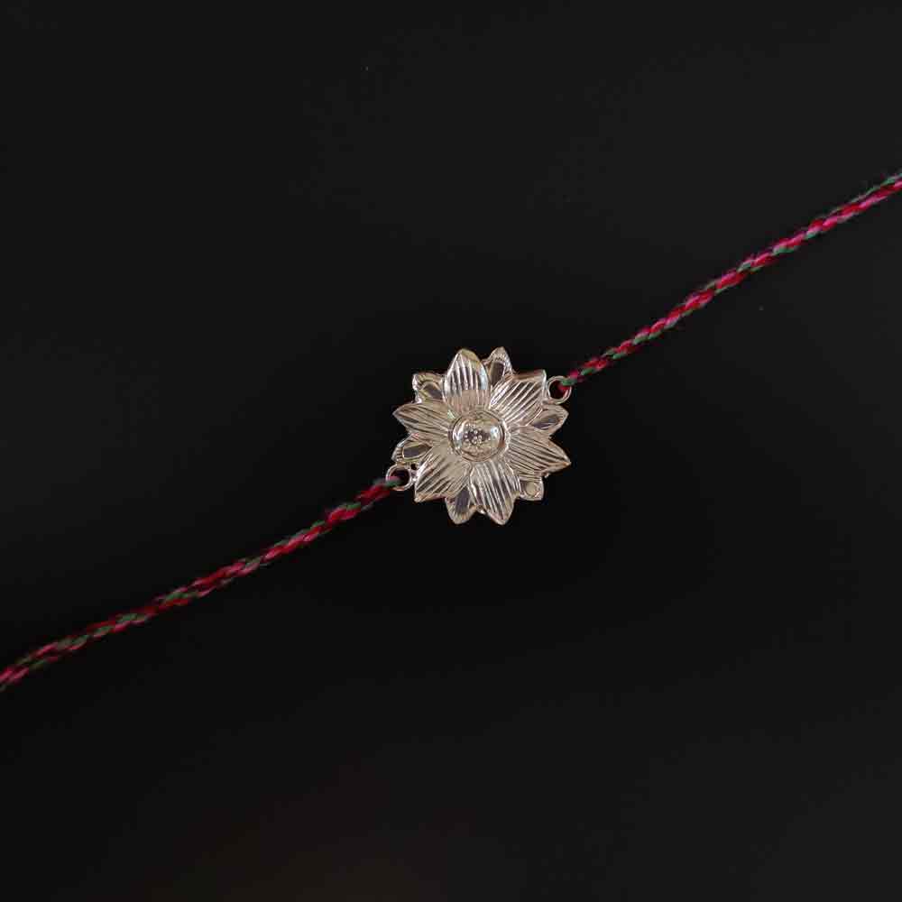 Silver Floral Rakhi With Multicolor Thread – handcrafted 92.5 sterling silver rakhi by My Motifs