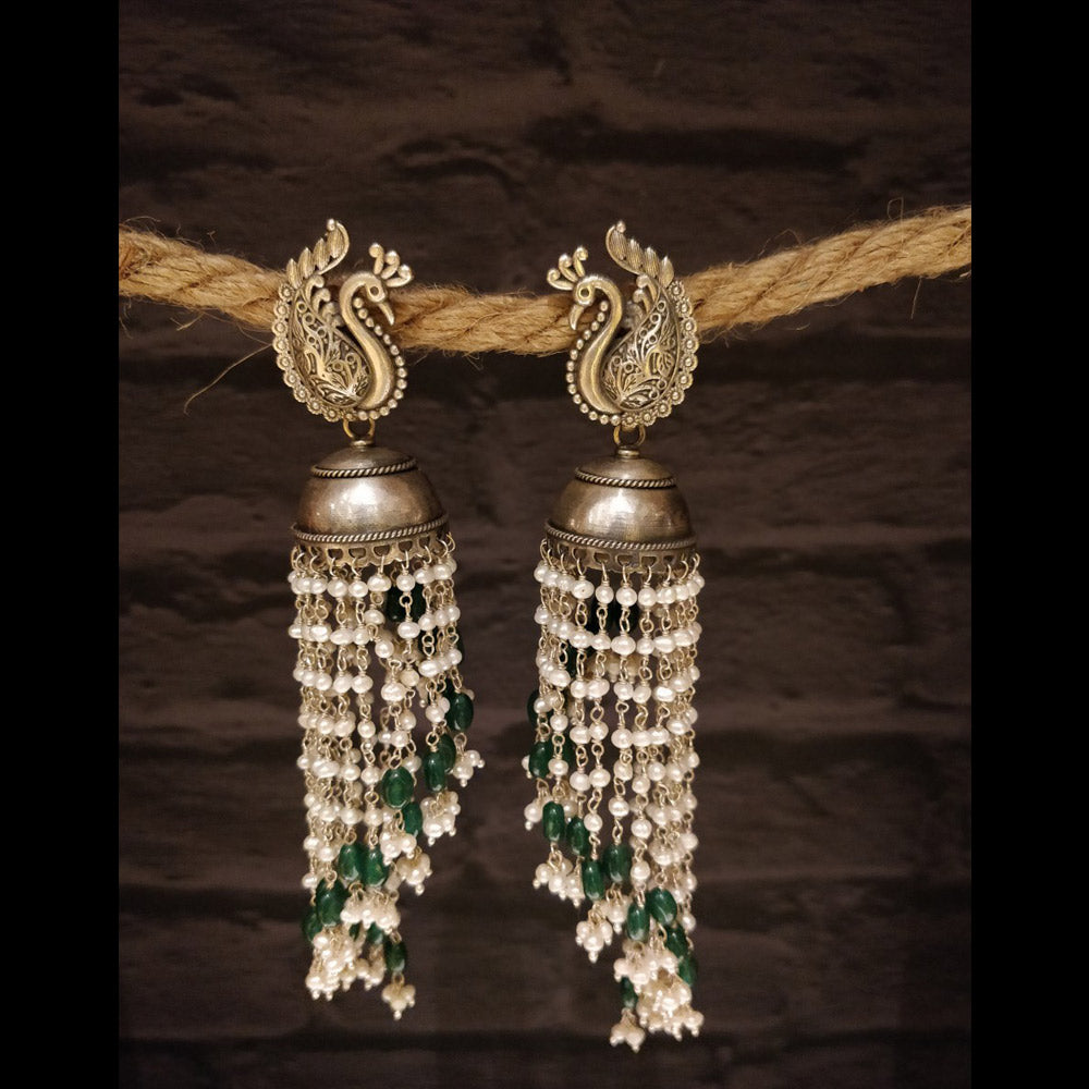 Filigree Peacock Emerald Pearl Jhumka – silver jhumka earrings with pearls and peacock motifs – My Motifs