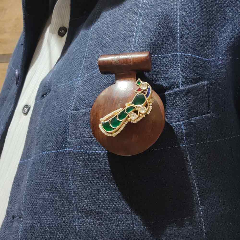 Wooden Peacock Brooch – handcrafted 92.5 sterling silver brooch by My Motifs