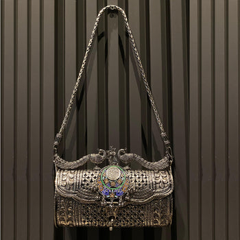Silver Statement Purse – silver purse with peacock motifs and enamel work – My Motifs