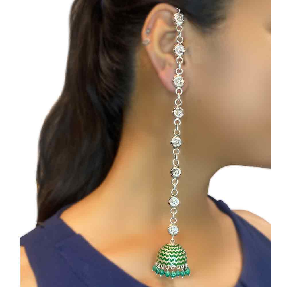 Oxidized Long Earring With Green Jhumka – handcrafted 92.5 sterling silver jhumkas by My Motifs