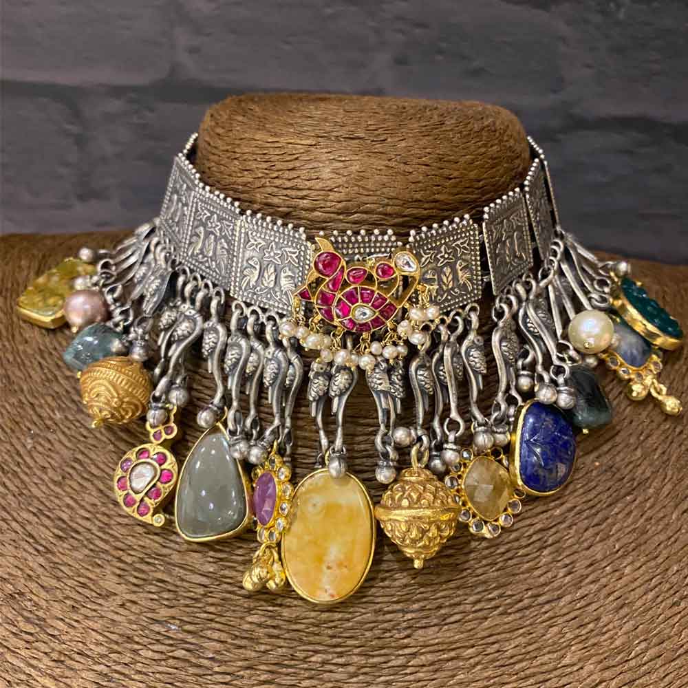 Dual Tone Tassel Choker – silver choker necklace – My Motifs