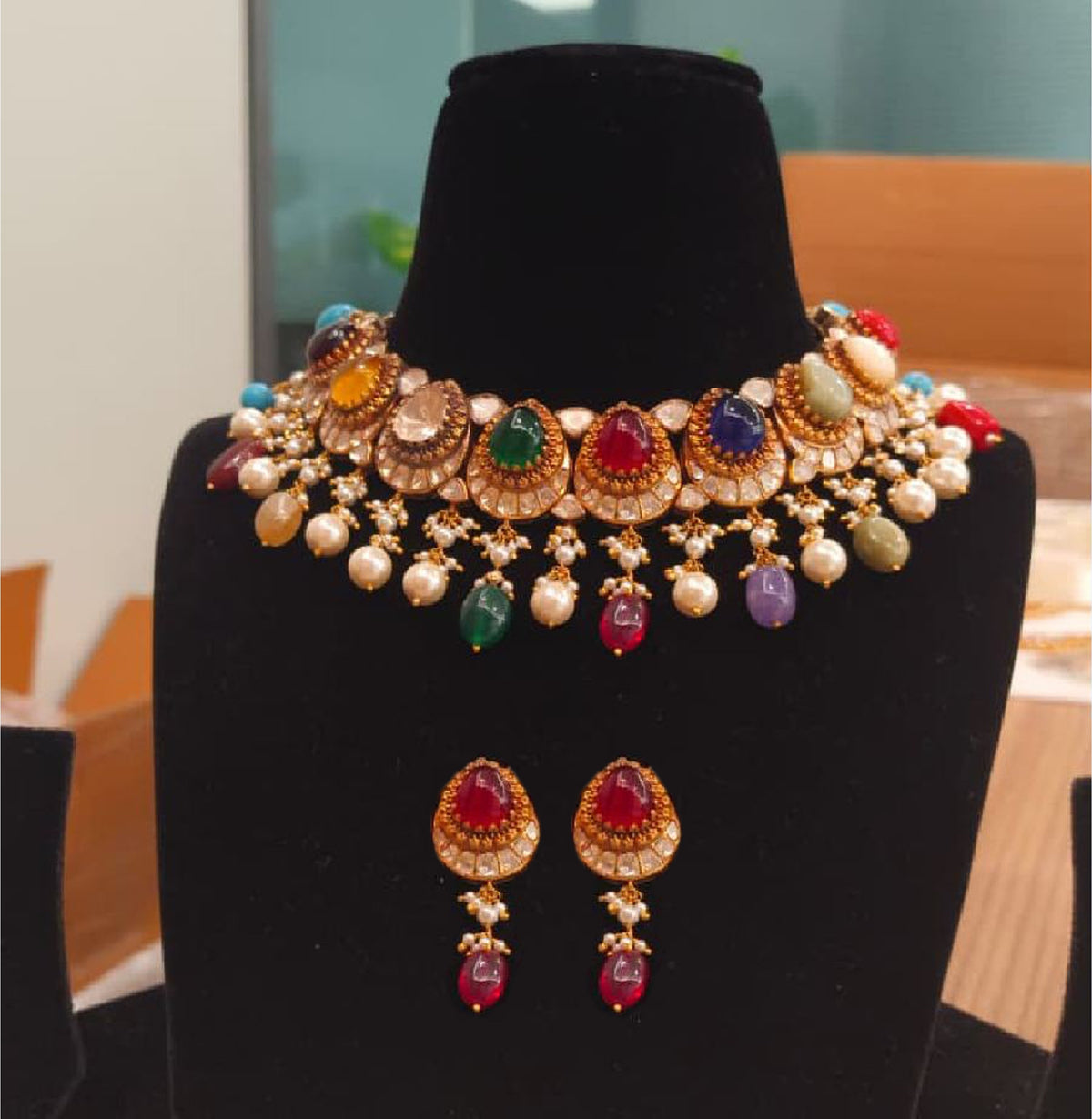 Navratna Set – broad colourful necklace with white bead drops and matching earrings – My Motifs