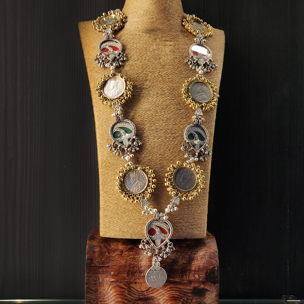 Zardosi Inspired Necklace – dual-tone silver necklace with pearls and ghungroo details – My Motifs