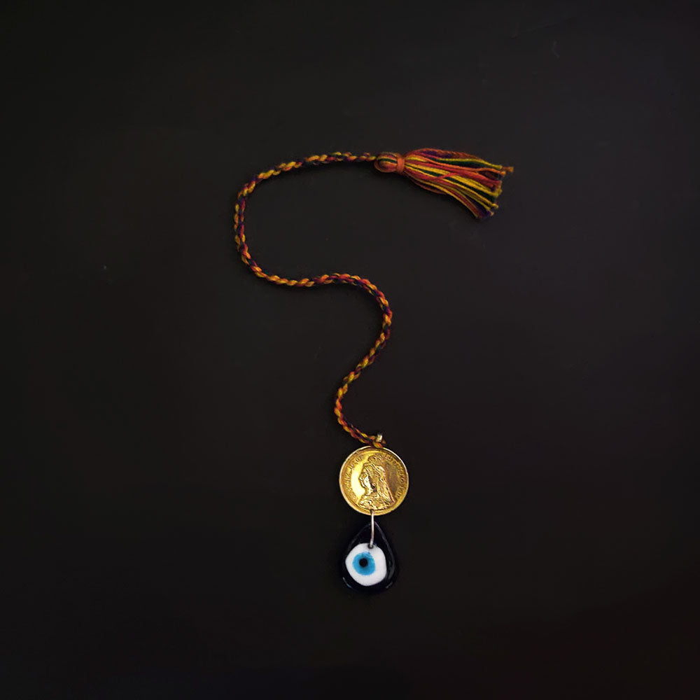 Multicolour Thread Gold Coin Lumba Rakhi – handcrafted 92.5 sterling silver rakhi by My Motifs