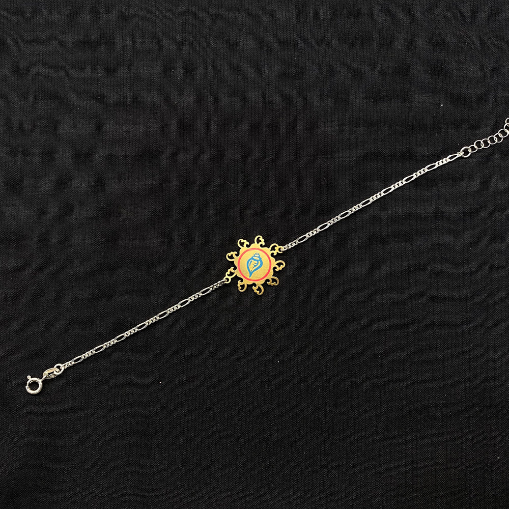Shankh Engraved Rakhi – chain rakhi with a colourful floral centre – My Motifs