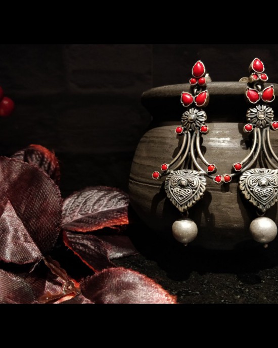 Bohemian Antique Silver Coral Earrings