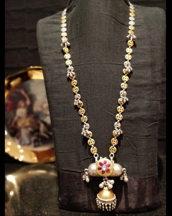 Silver And Gold Taveez Jhumka Necklace