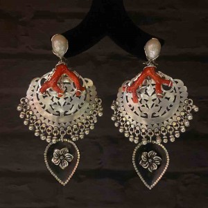 Unique Silver Chandbalis With Tangerine And Black Stones