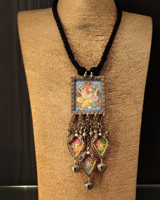 Lord Ganesh Square Pendant With Ghungroo Necklace