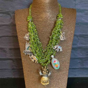 Multilayer Green Beaded Necklace With Charms