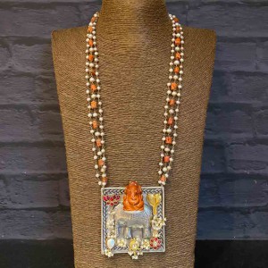 Square Shaped Pendant With Orange And Pearl Beads