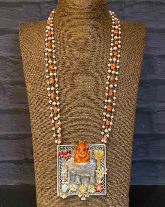 Square Shaped Pendant With Orange And Pearl Beads