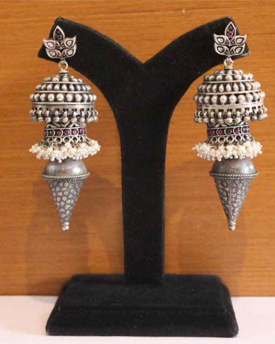 Silver Jhumkis With Conical Twist