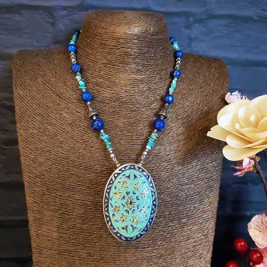 Ocean Blue Beaded Necklace With Openable Pastel Enamel Pendant