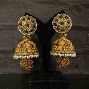 Contrasting Green, Pink And Pearl Jhumkas