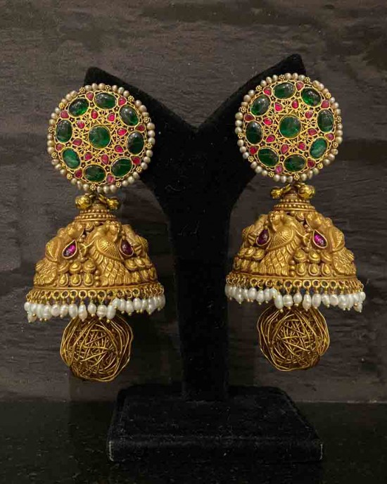 Contrasting Green, Pink And Pearl Jhumkas