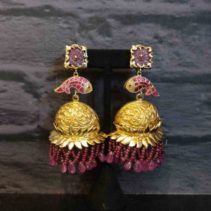 Gold Jhumkas With Amethyst Stone