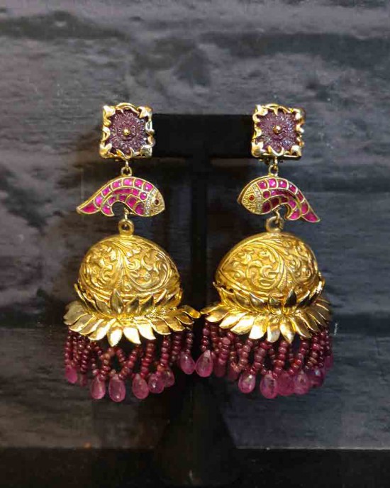 Gold Jhumkas With Amethyst Stone