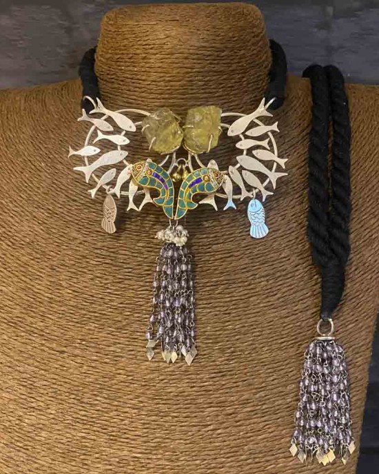 Unique Fish Choker With Tassels And Yellow Stone