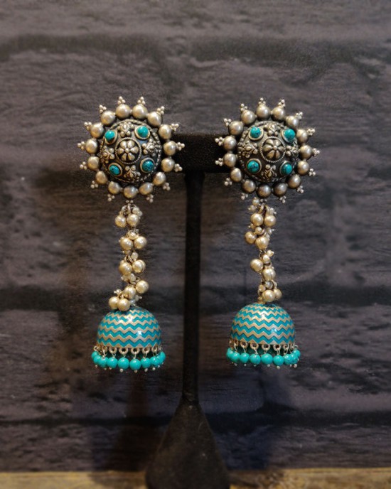 Blue And Pearl Jhumka Earrings