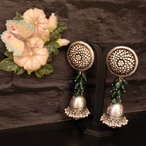 Green Beads Pure Silver Jhumki