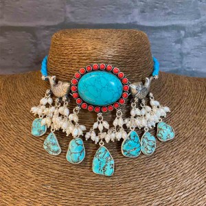 Contrast Aqua Blue Necklace With Orange Stones And Pearls