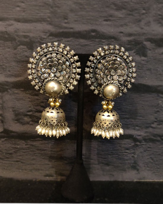 Bold Silver Jhumkas With Pearls