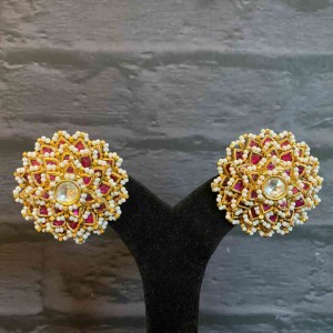 Floral Oversized Gold Studs With Rubies And Ghungroos